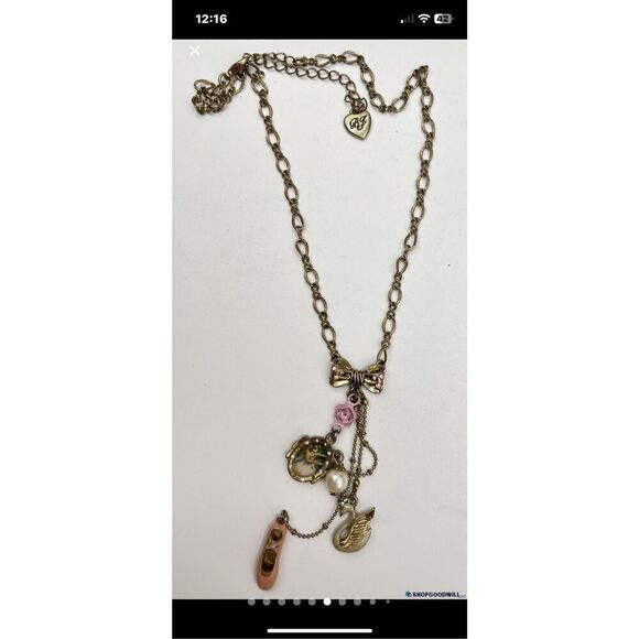 Vintage Betsey Johnson Ballet Theme Necklace Swan Frame Shoe Pearl and Bow - Picture 6 of 7